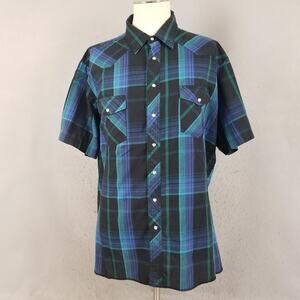 Wrangler Shirt Mens XL Blue Green Black Plaid Western Pearl Snap Short Sleeve